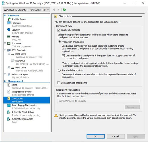 Captura de pantalla de la pestaña Producción de puntos de control en Configuración de seguridad de Windows 10. 
