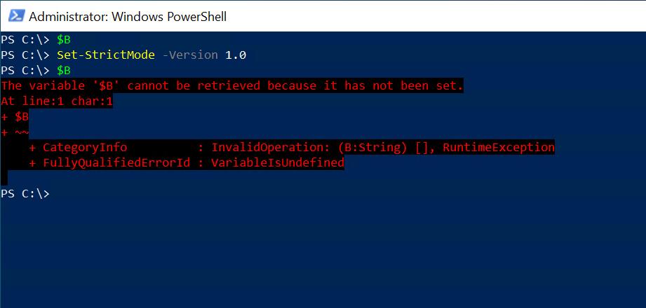 Captura de pantalla de una sesión de PowerShell con el modo estricto v.1.0 habilitado.