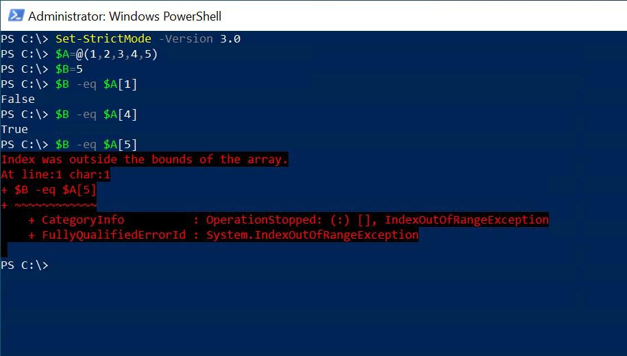 Captura de pantalla de una sesión de Windows PowerShell con el modo estricto V.0.3 habilitado.