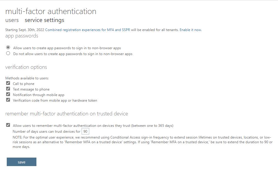Captura de pantalla que muestra la configuración del servicio de autenticación multifactor
