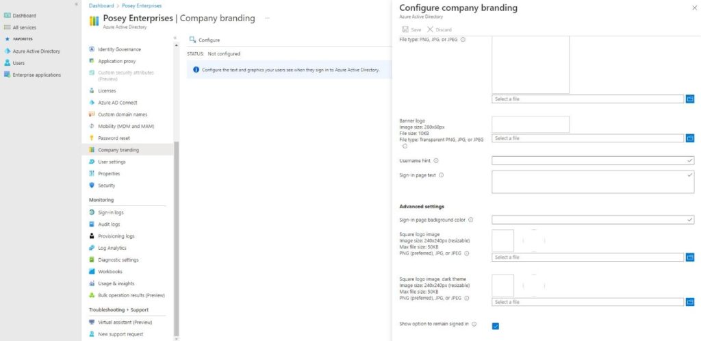 Captura de pantalla que muestra la ventana de la marca de la empresa con una sección de configuración a la derecha