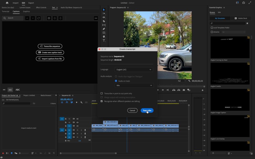Captura de pantalla de las herramientas de transcripción en Adobe Premiere Pro