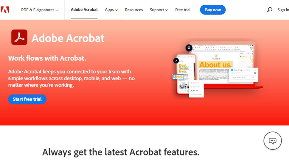 Captura de pantalla del sitio web para Adobe Acrobat