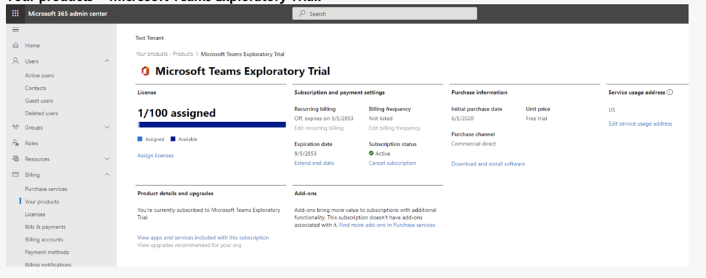 Captura de pantalla de la página de administración de pruebas exploratorias de MS Teams que muestra todos los datos y métricas pertinentes relacionados con su prueba.