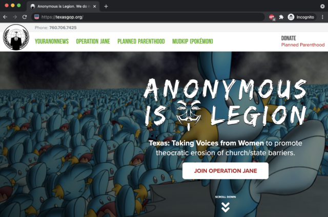 El sitio web del Partido Republicano de Texas fue desfigurado por Anonymous este mes.
