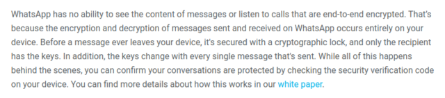 Este fragmento de la página de seguridad y privacidad de WhatsApp parece fácil de malinterpretar.