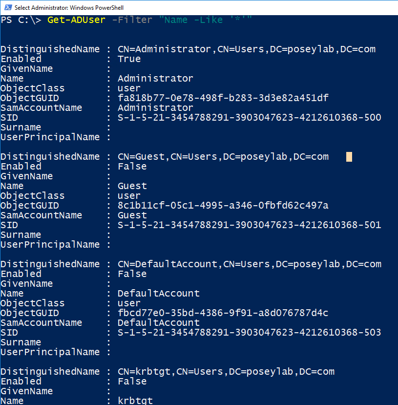 Captura de pantalla de una sesión de PowerShell recuperando nombres.
