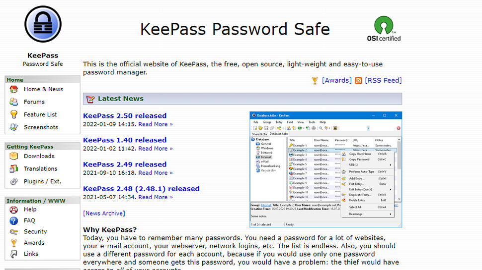 Página de inicio del sitio web seguro con contraseña de KeePass