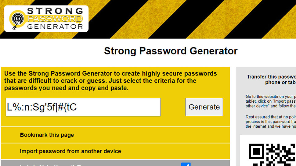 Página de inicio del sitio web de Strong Password Generator