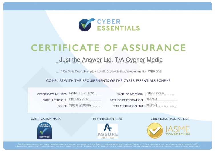 Imagen de un certificado de elementos esenciales cibernéticos de ejemplo.