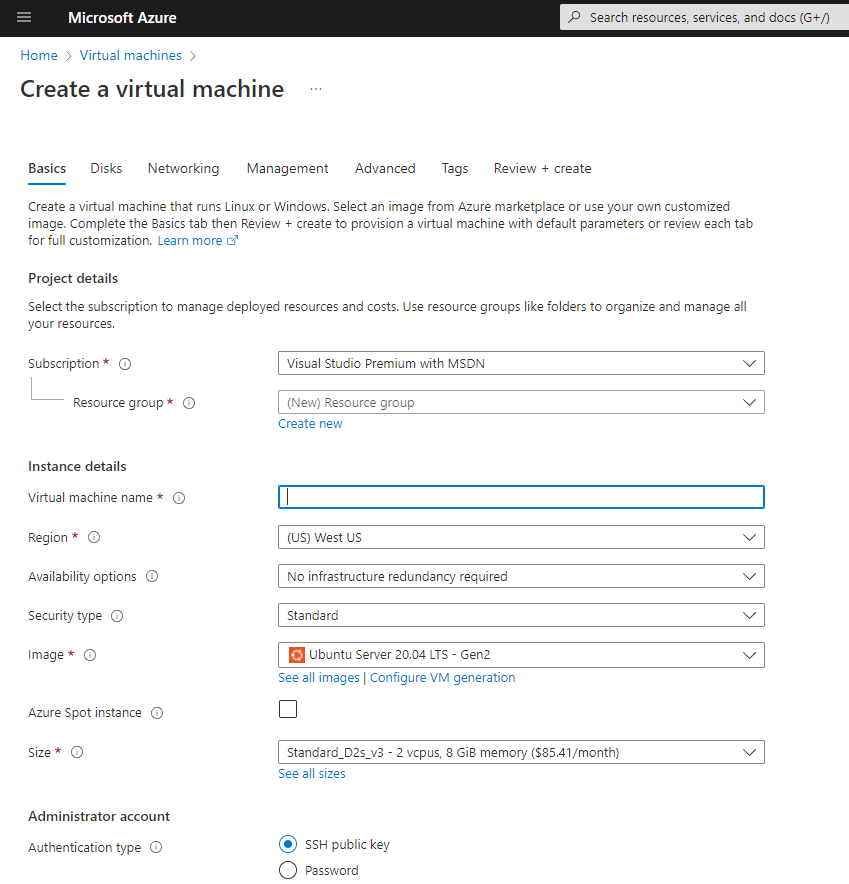 Captura de pantalla del portal de creación de máquinas virtuales de Azure.