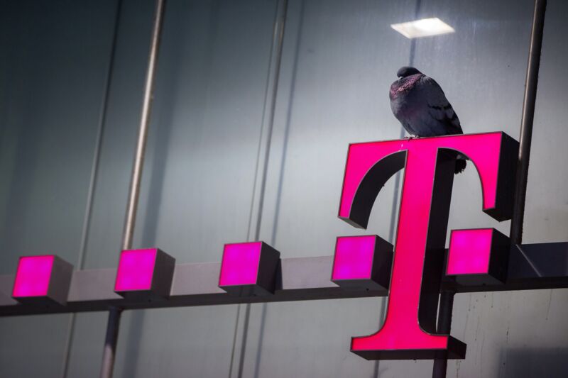 Un pájaro se posa encima de un letrero de T-Mobile afuera de una tienda de teléfonos móviles.