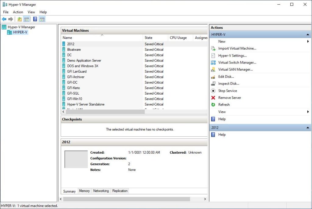 Captura de pantalla que muestra el Administrador de Hyper-V y varias máquinas virtuales con nombre.
