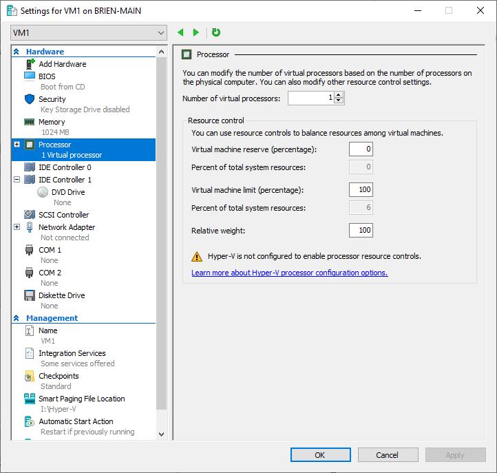 Captura de pantalla de la pestaña Procesadores en mi configuración de VM1.