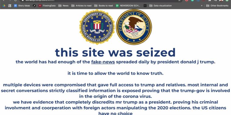 El sitio web de Trump fue desfigurado con la afirmación de que el administrador de Trump creó el coronavirus