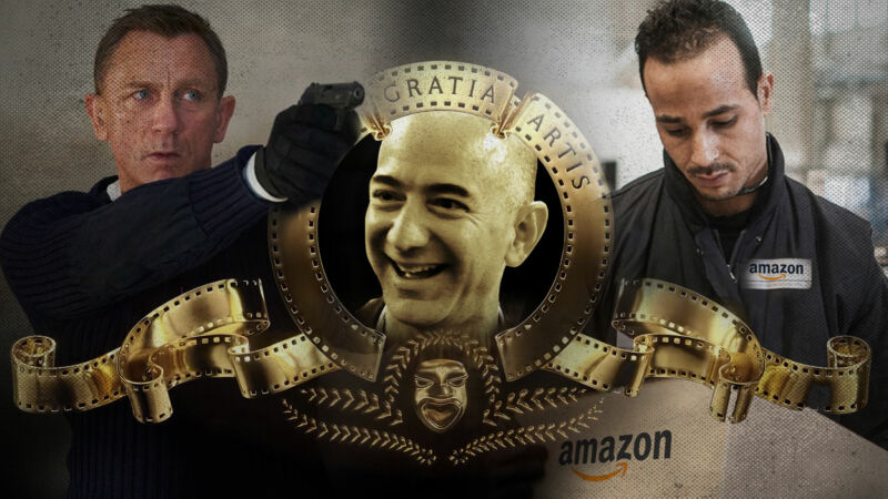 Ilustración del logotipo de MGM con una imagen de Jeff Bezos en lugar de un león, el actor de James Bond Daniel Craig y un hombre con una chaqueta con el logotipo de Amazon.