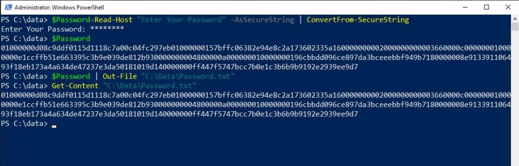 Captura de pantalla que muestra la ventana de PowerShell ejecutando varios comandos para crear un archivo de contraseña cifrada.
