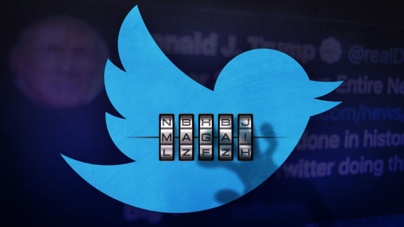 Ilustración que incluye un logotipo de Twitter, la cuenta de Twitter del presidente Trump y una contraseña que dice 
