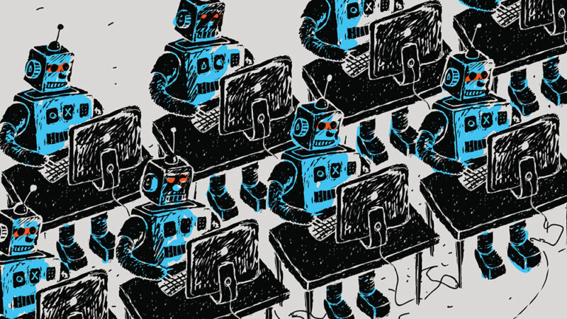 Filas de robots al estilo de la década de 1950 operan estaciones de trabajo informáticas.
