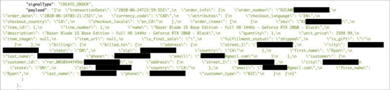 Este registro de muestra redactado de los datos filtrados de Elasticsearch muestra la compra de una computadora portátil para juegos de $ 2,600 por parte de alguien el 24 de junio.