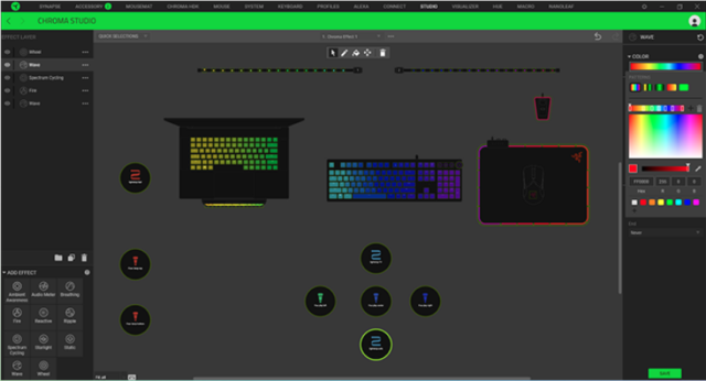 Esta captura de pantalla de la interfaz de Synapse 3 muestra a un usuario configurando la retroiluminación RGB en todos sus equipos Razer.