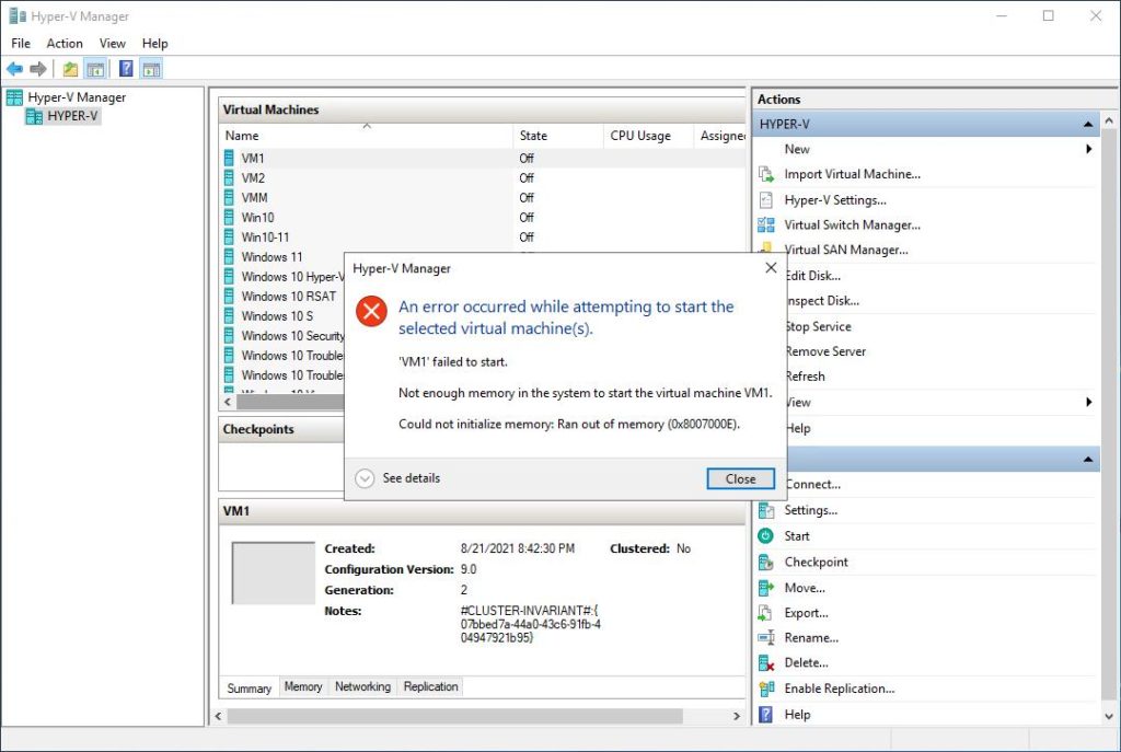 Captura de pantalla que muestra el administrador de Hyper-V con un error después de intentar iniciar una máquina virtual seleccionada.
