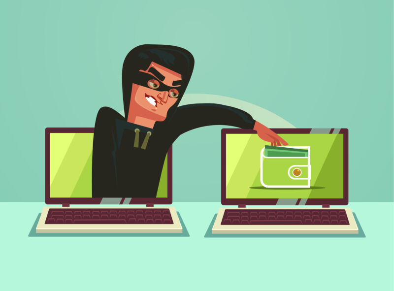 Una caricatura muestra a un ladrón saliendo de una computadora y alcanzando la pantalla de otra.