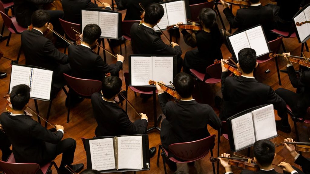     Imagen de una orquesta de violines actuando. 