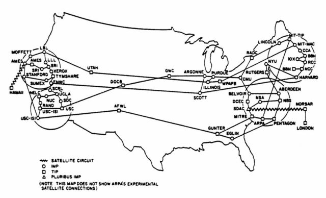 Un mapa de ARPANET, alrededor de 1980.