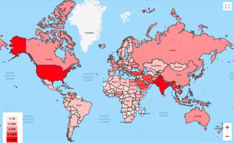 Proyección Mercator codificada por colores del mundo.