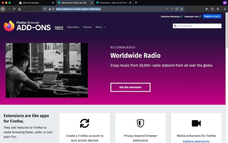 Captura de pantalla de la página de complementos de Mozilla.