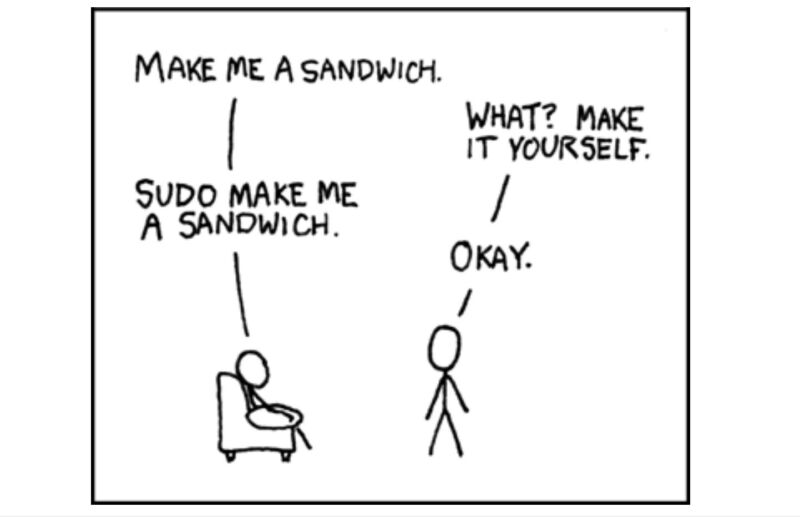 Un extracto de la tira cómica xkcd parodia sudo.