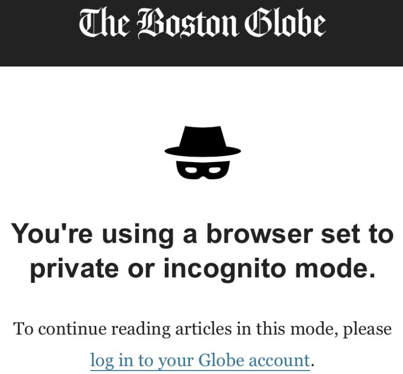 Un aviso en el sitio web del Boston Globe que dice: 
