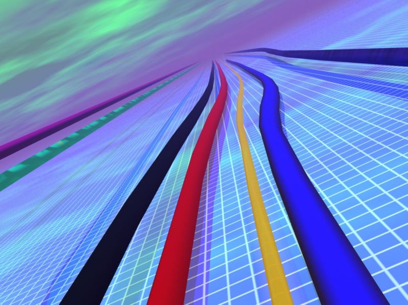 Ilustración de líneas rojas, azules, amarillas y negras en una cuadrícula, que representan velocidades de banda ancha.