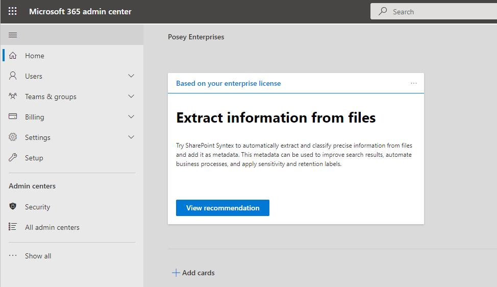 Captura de pantalla del centro de administración de Microsoft 365.