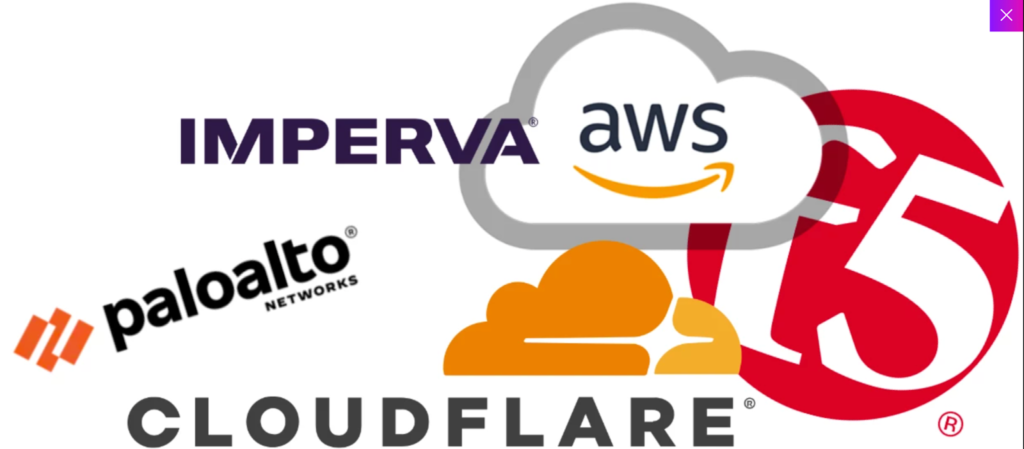 Esta imagen muestra los logotipos de AWS, Imperva, Palo Alto, Cloudflare y F5 sobre un fondo blanco.