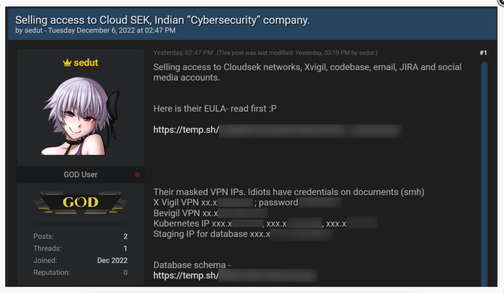 Esta imagen muestra un foro de darknet que vende acceso a datos de CloudSEK. Texto blanco sobre fondo negro.