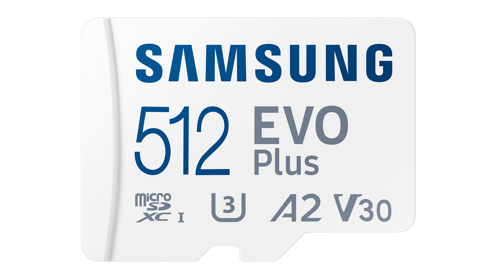 Tarjeta de memoria Samsung Evo Plus sobre fondo blanco.