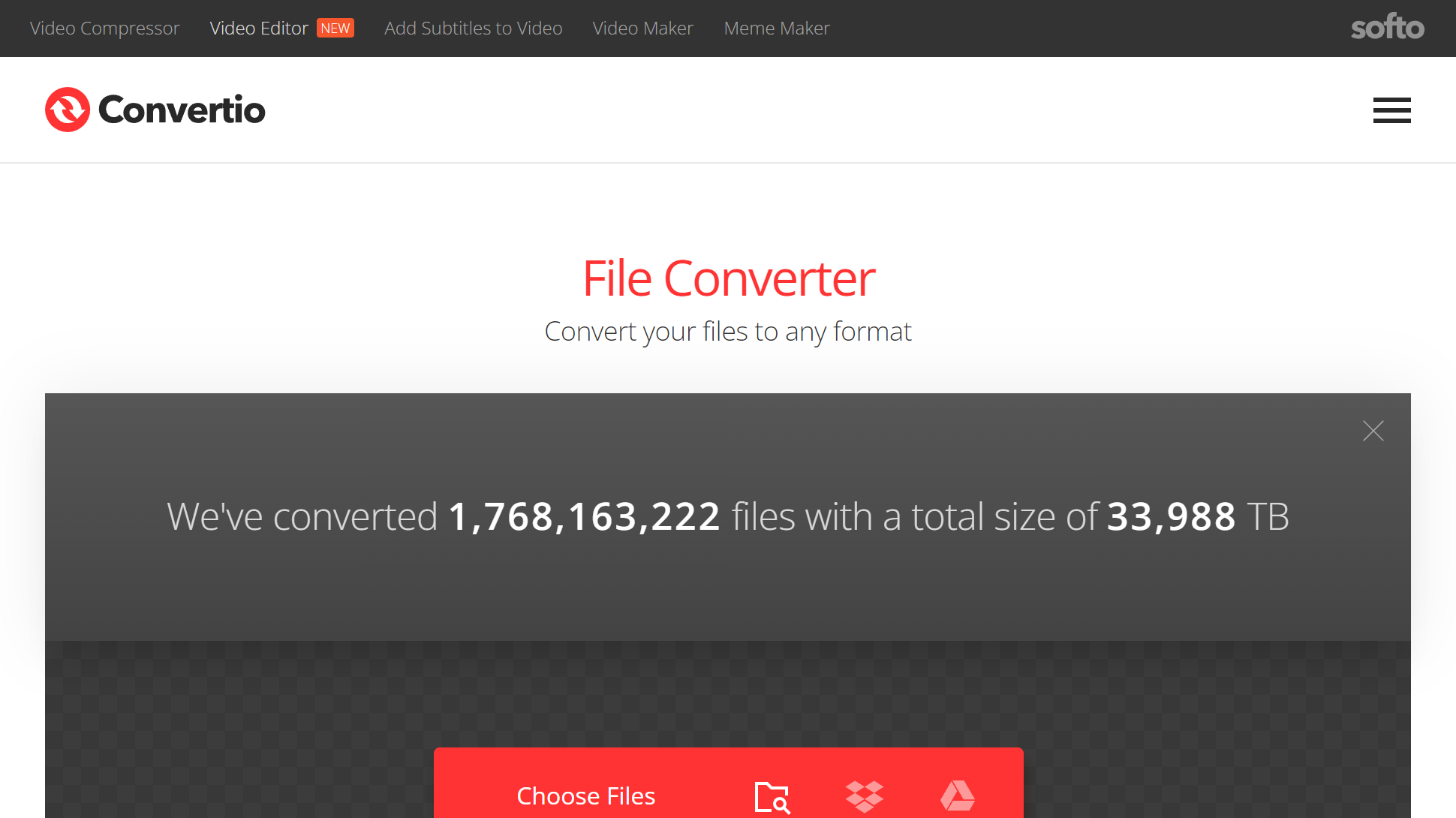 Captura de pantalla del sitio web del convertidor de archivos Convertio