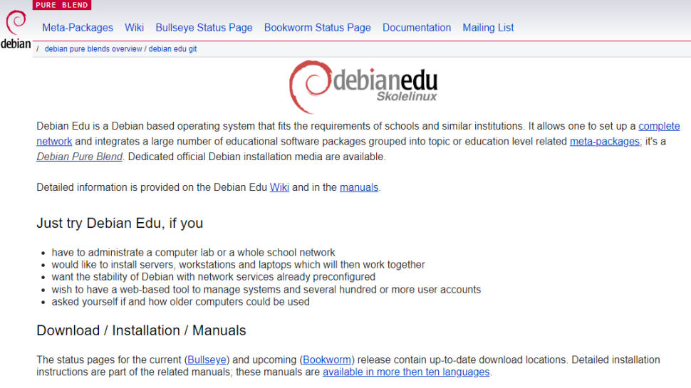 Captura de pantalla del sitio web de Debian Edu/Skolelinux